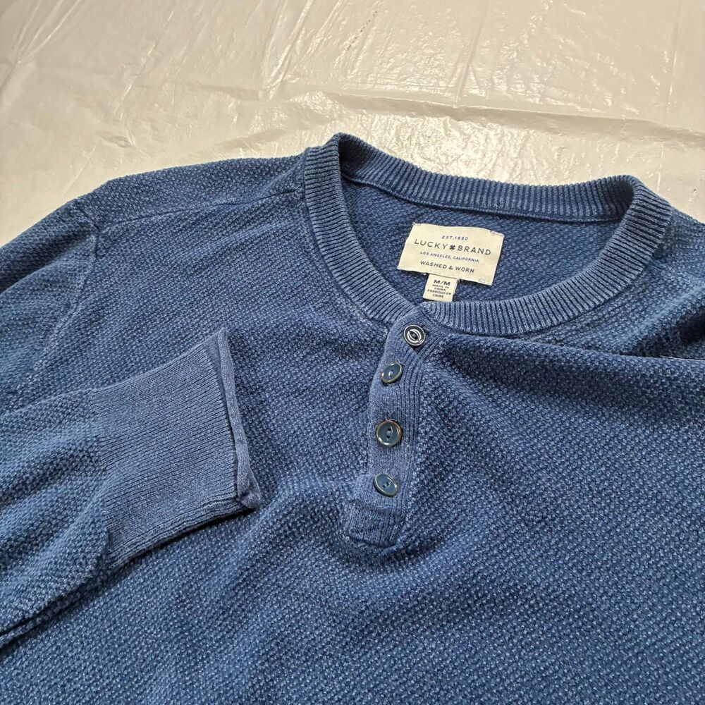 Lucky Brand Washed & Worn Blue Henley Long Sleeve Shirt Men's Medium